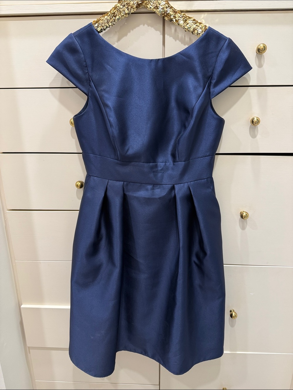 ALFRED SUNG Navy Satin Cap-Sleeve Midi Dress
